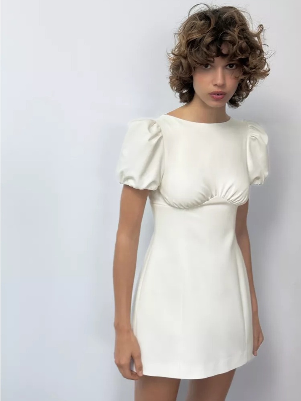 Zara White Short Pleather Puff Sleeve Mini Dress